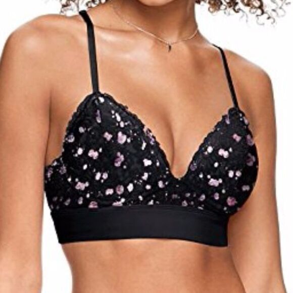 Victoria's Secret Pink Lace‎ Bralette Bra Racerback Lightly Lined Sz Small Black - Picture 1 of 10